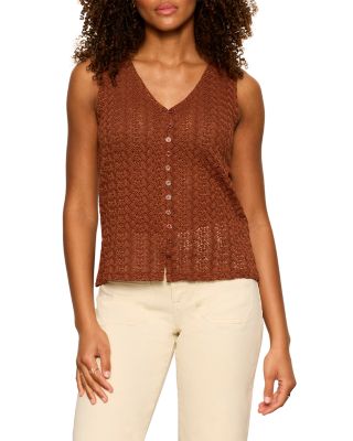 Sanctuary No Rush brown crochet knit sleeveless button-front tank top