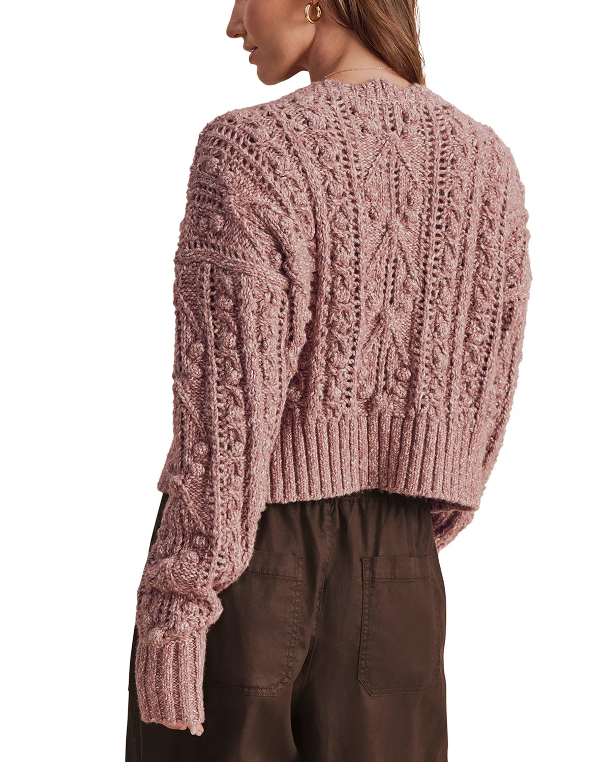 Splendid Hartford dusty pink cable-knit bobble cardigan sweater, back view