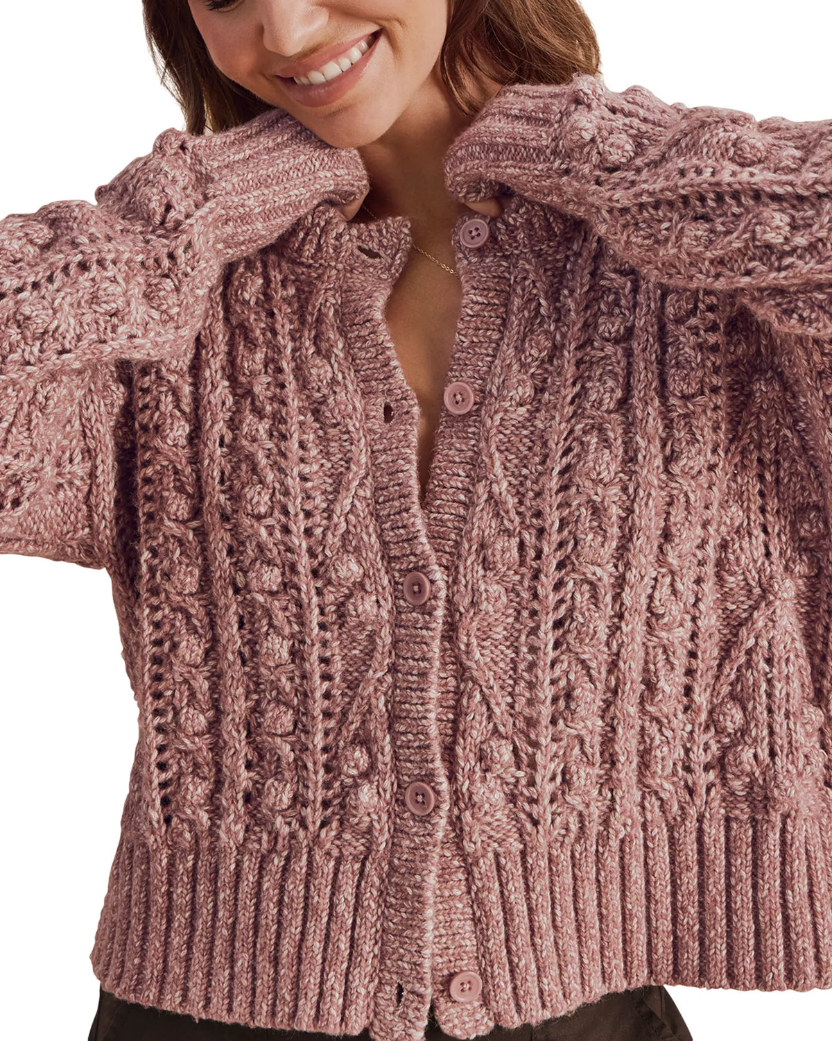 Splendid Hartford dusty pink cable-knit button-front cardigan with hood and bobble details