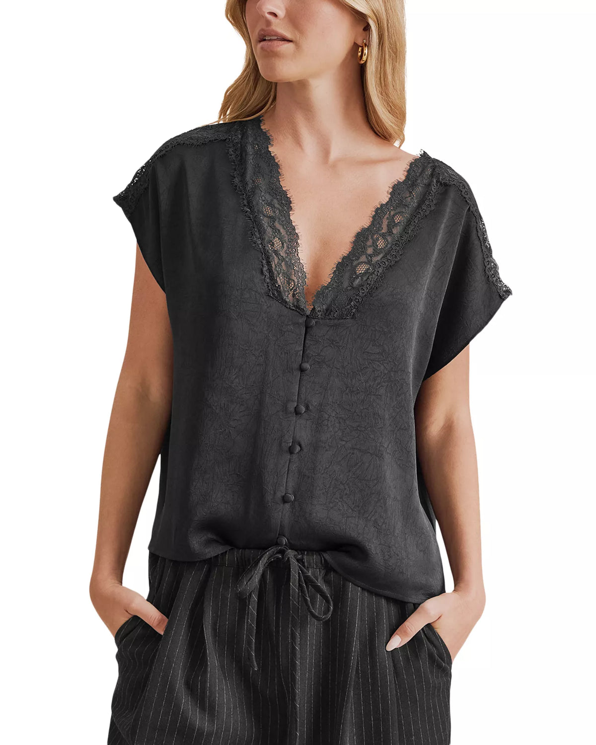 Splendid black satin V-neck top with lace trim and button front detail
