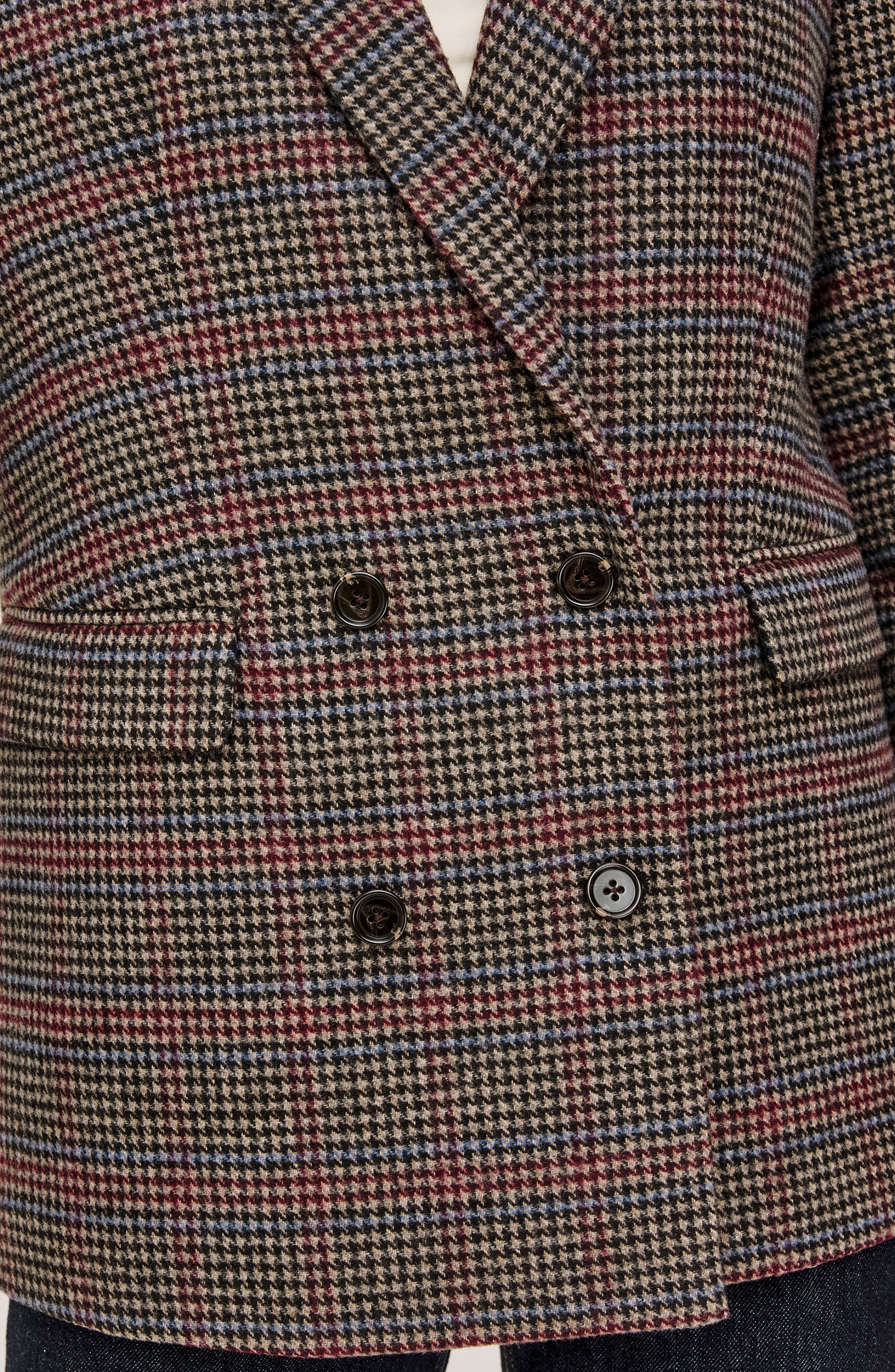 Close-up detail of Rails JAC double-breasted blazer in Oxford Plum houndstooth pattern with dark buttons