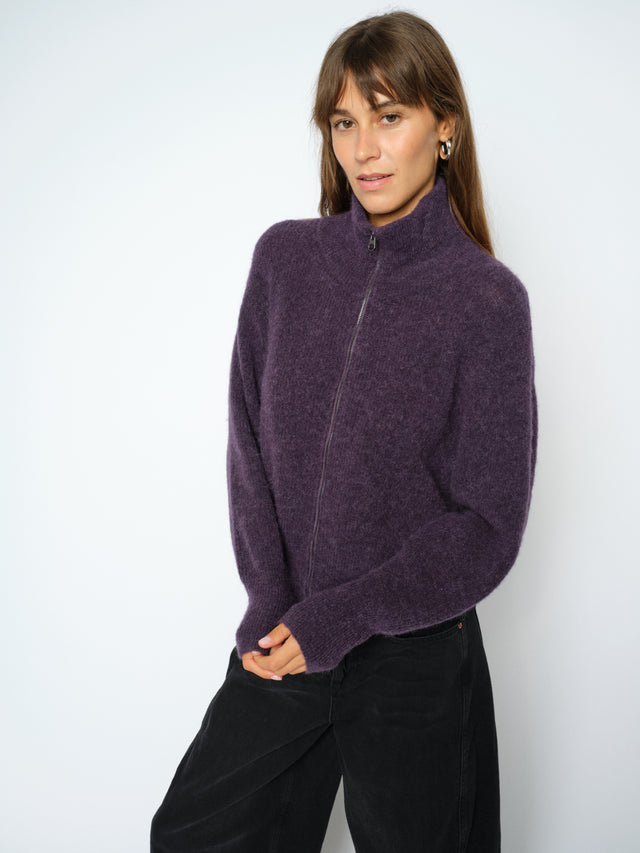 Mos Mosh Thora purple zip-up knit cardigan with mock neck and long sleeves