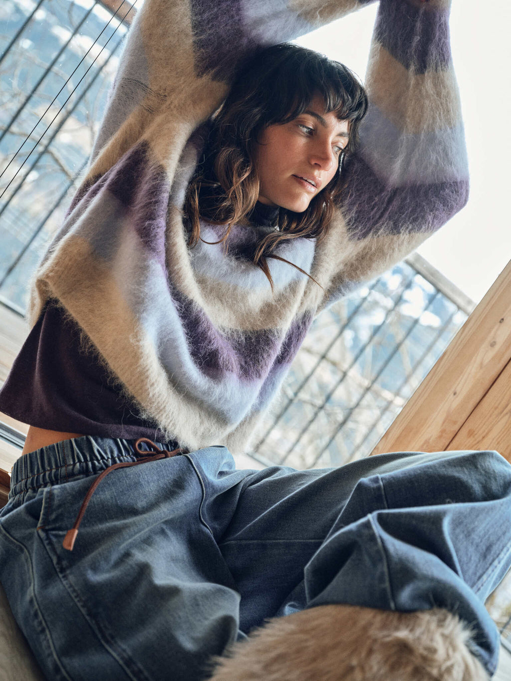 Suvi Stripe Knit fluffy mohair sweater in purple and cream stripes