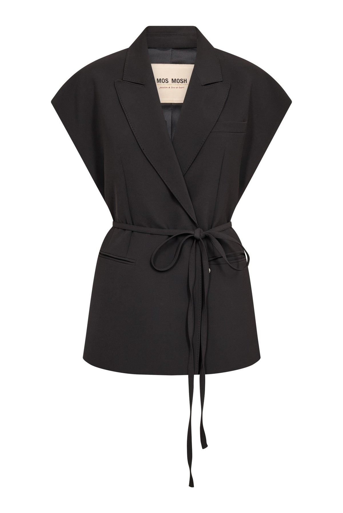 Mos Mosh Lucine Miley Vest in black, sleeveless blazer with tie belt, front view