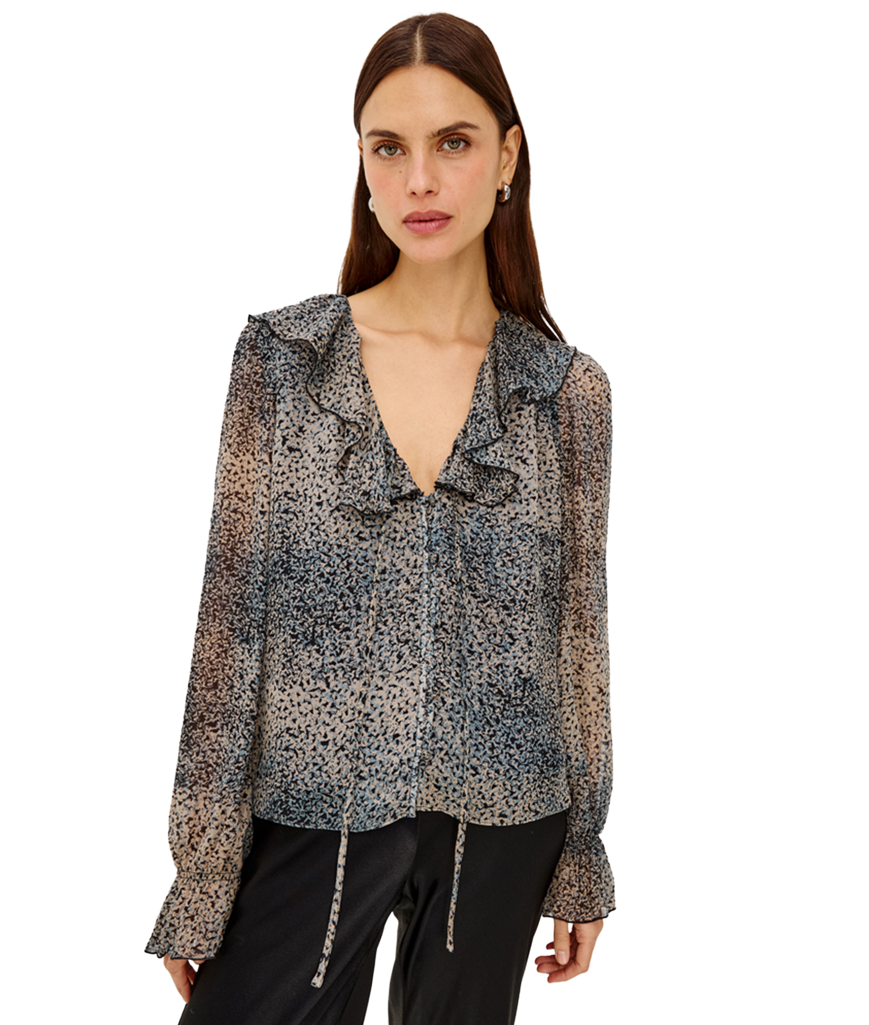 Model wearing Rails Becky blouse in Agate print with ruffle V-neckline and long sleeves