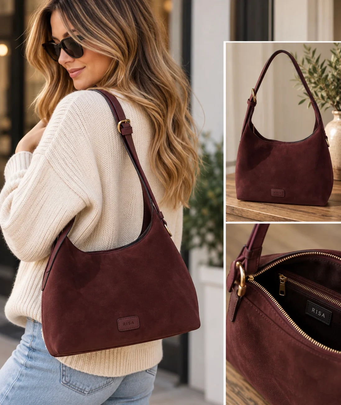 RISA Claude maroon suede shoulder bag with gold zipper and adjustable strap