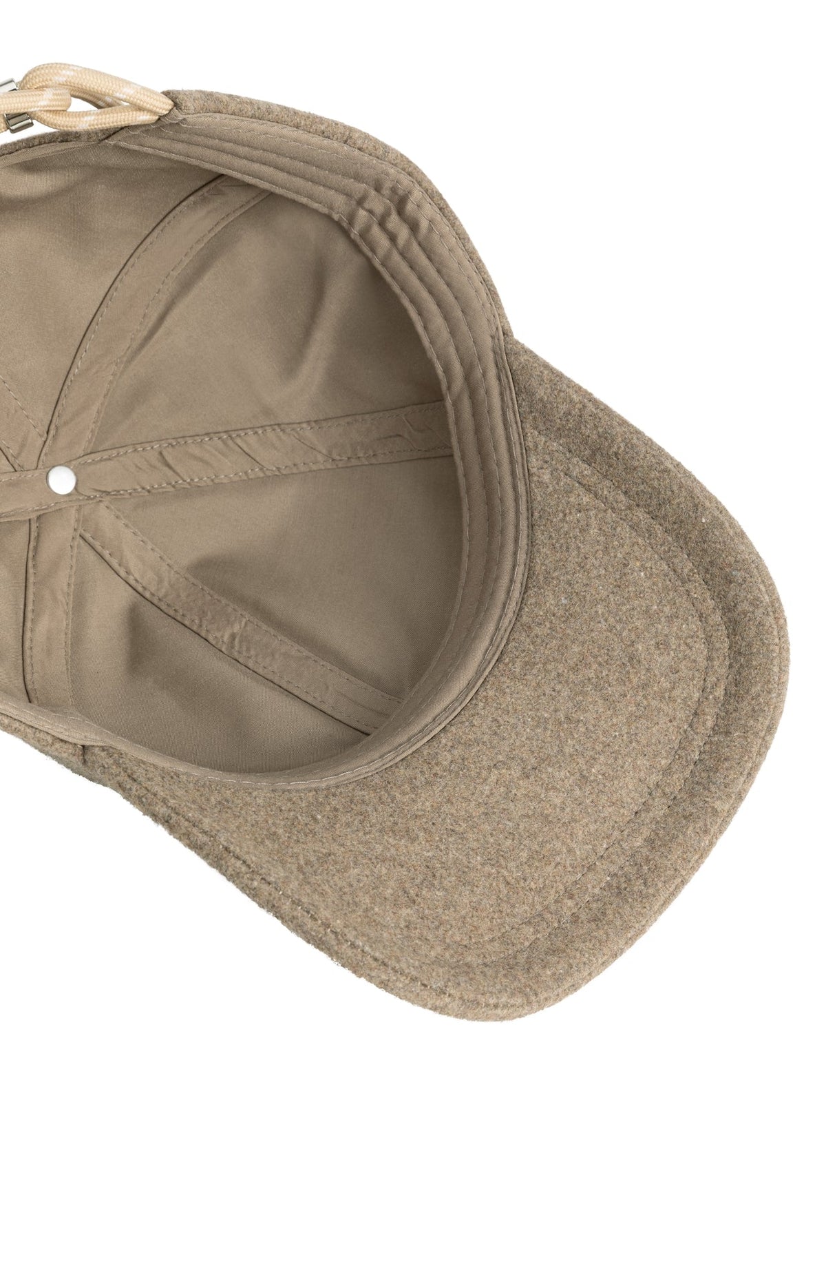 Taupe wool baseball cap interior view with beige lining and drawstring closure