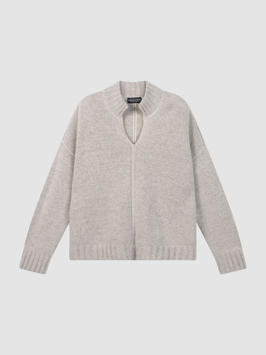 Light grey wool cashmere zip-front pullover sweater with ribbed cuffs and hem