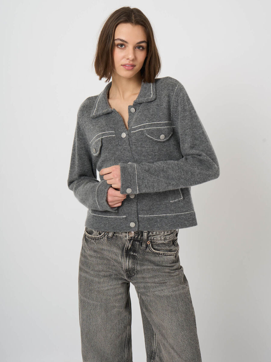 Grey wool cashmere knit cardigan with white contrast stitching and silver snap buttons