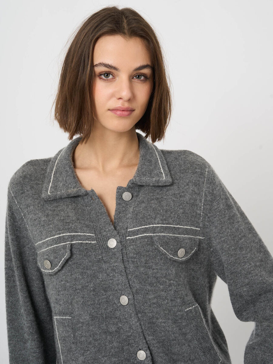 Grey wool cashmere knitted cardigan with white contrast stitching and silver buttons