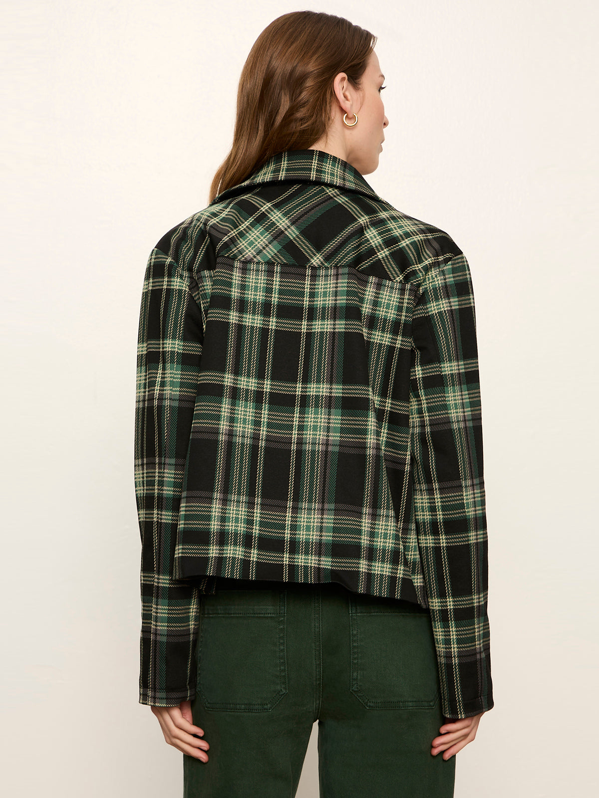 Back view of Sanctuary Avid Plaid Jacket in evergreen plaid tartan on female model