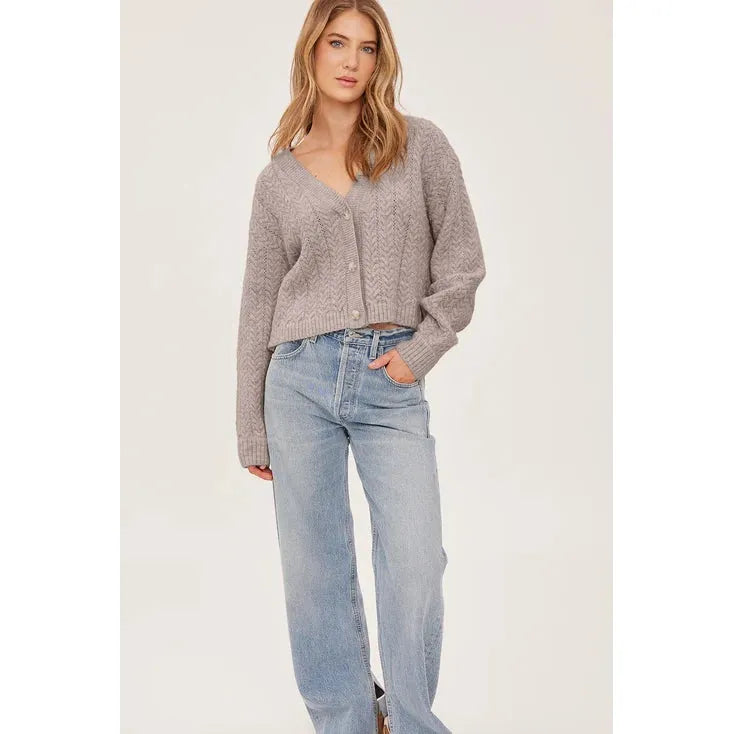 Gentle Fawn Esme cropped taupe cable-knit cardigan with V-neck and button front
