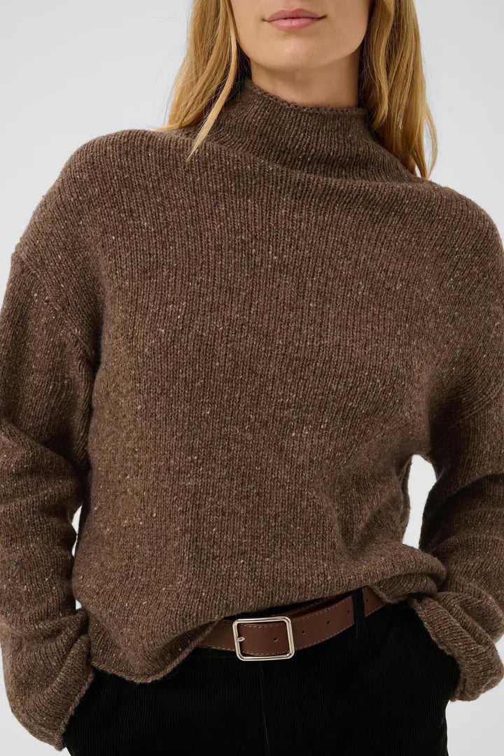 Part Two Chanelly brown speckled knit mock neck pullover sweater with ribbed texture