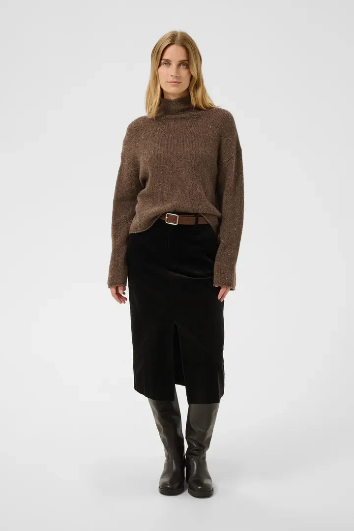 Brown marl turtleneck pullover with ribbed knit texture and long sleeves