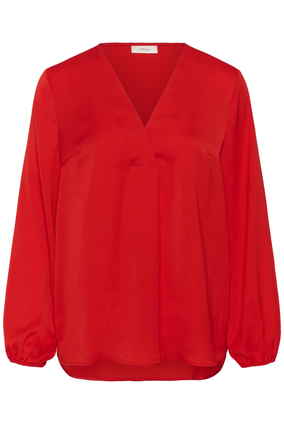 InWear RindalW blouse in hot lips red with V-neck and balloon sleeves, flat lay front view