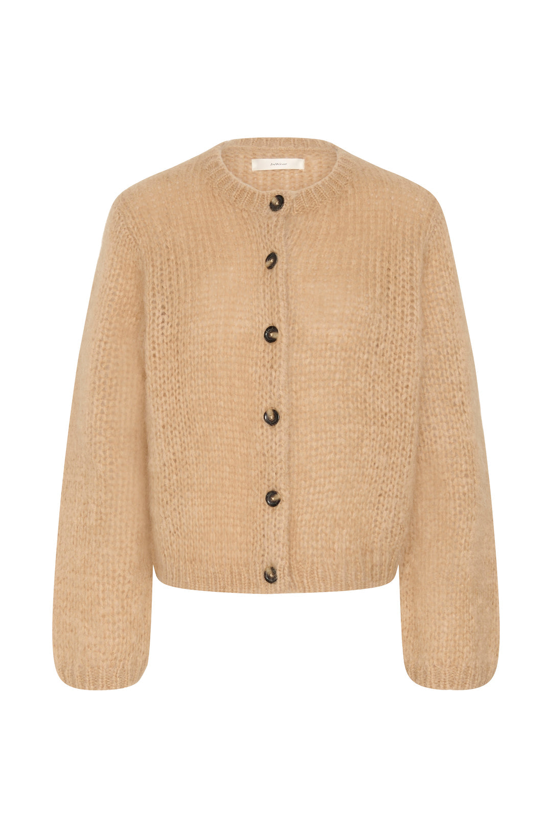 InWear Jetra camel beige mohair knit cardigan with dark buttons and balloon sleeves