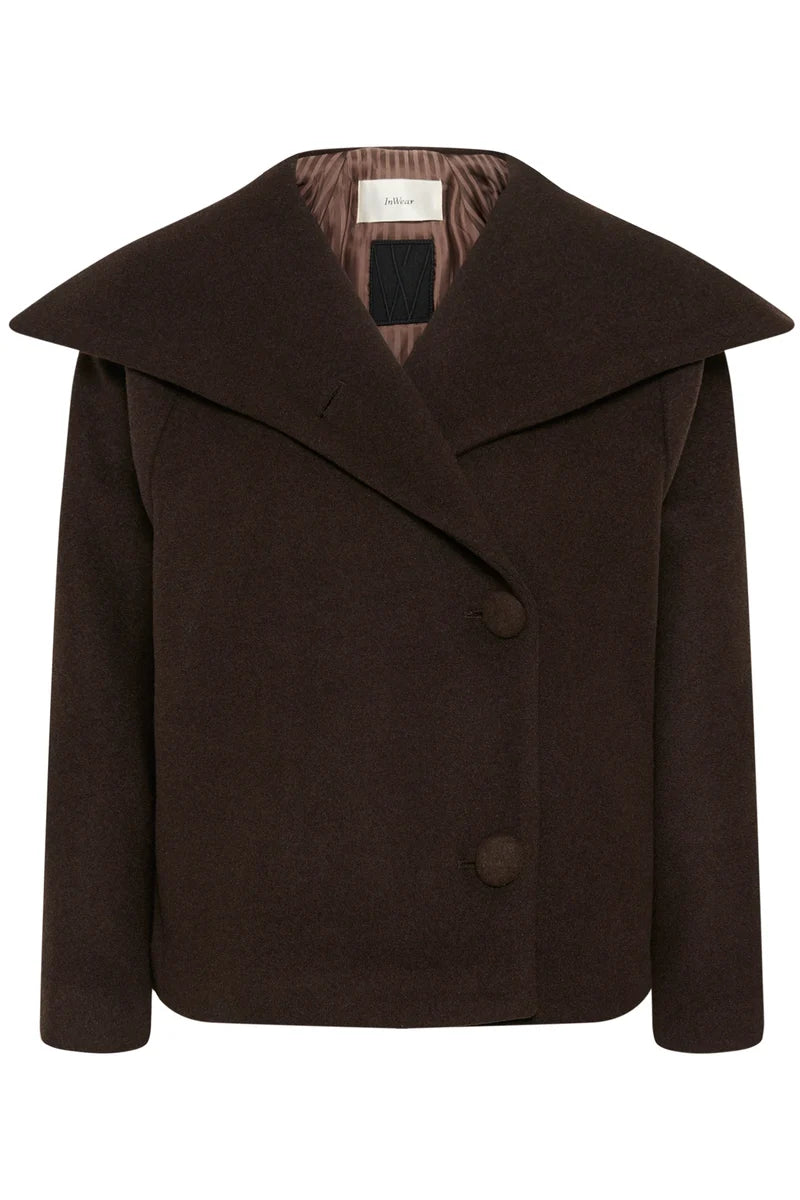 InWear Perry short dark brown wool coat with oversized collar and double buttons