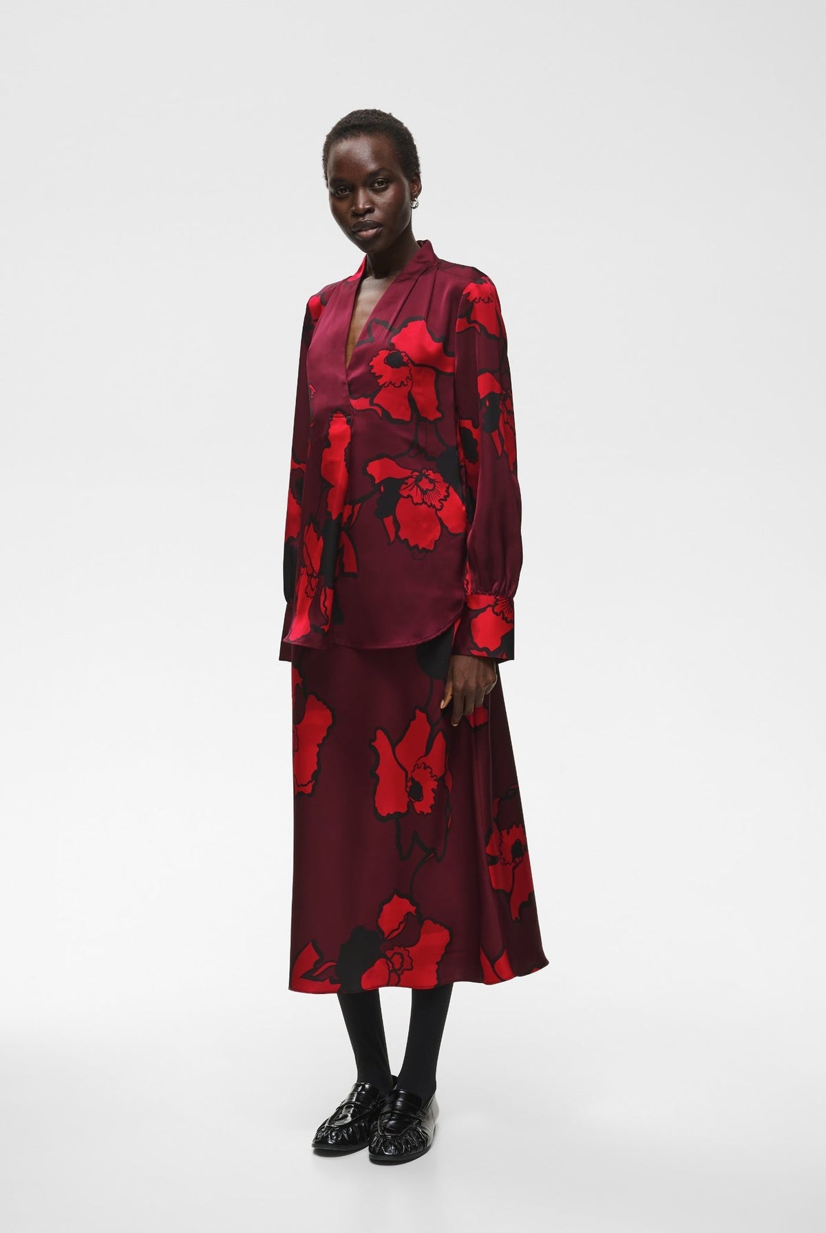 Dark red floral print satin V-neck blouse with long sleeves and band collar