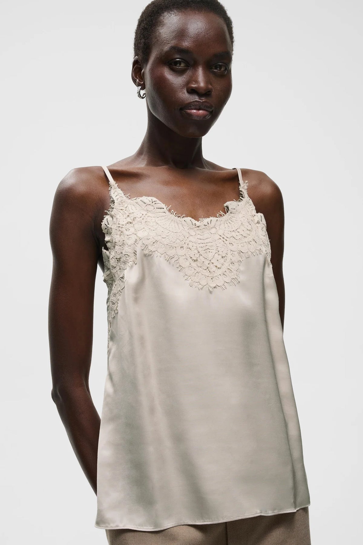 InWear Orahiw satin camisole in beige with lace trim neckline and thin straps