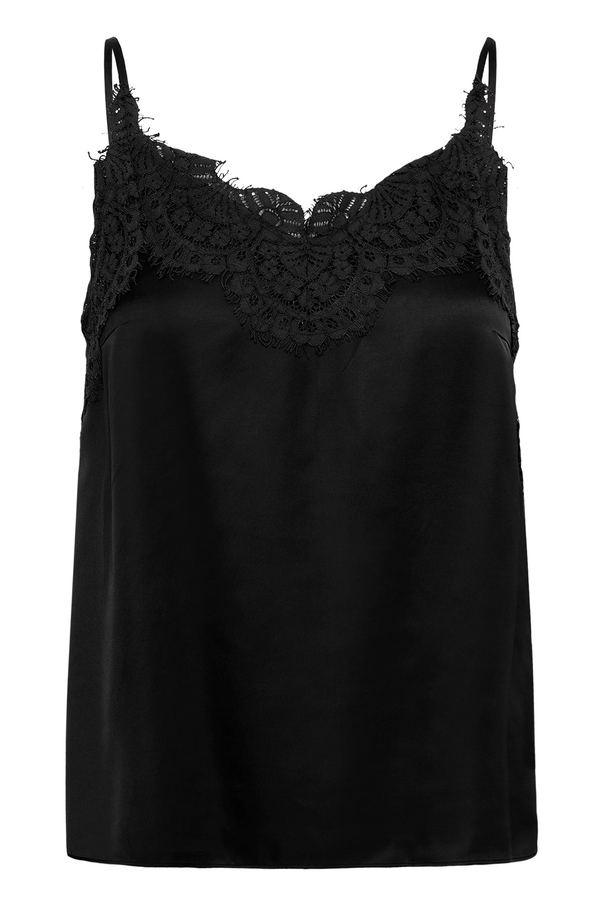 Black satin camisole top with decorative lace trim neckline and thin straps