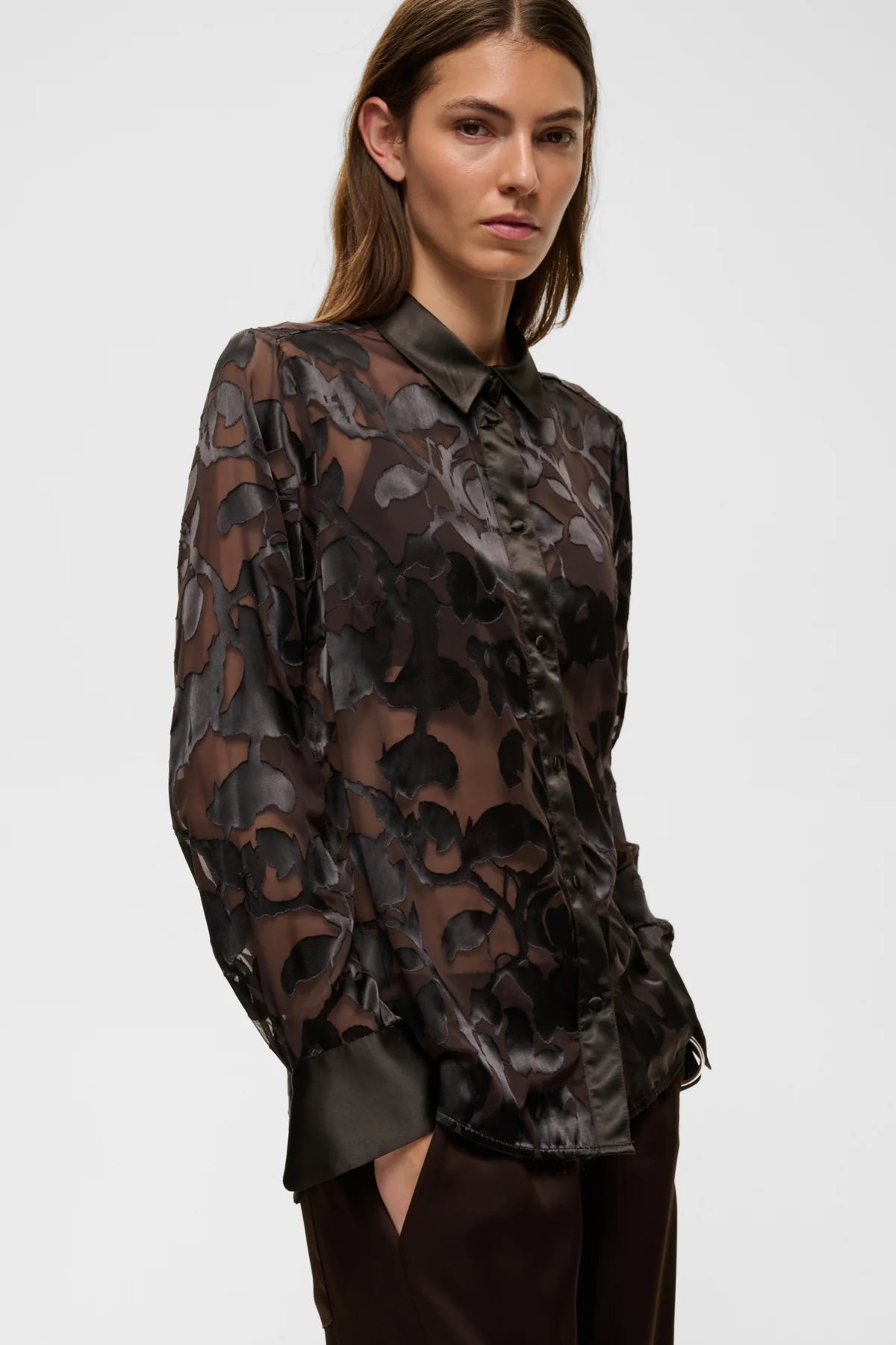 InWear Orioniw sheer black floral jacquard long-sleeve button-up shirt
