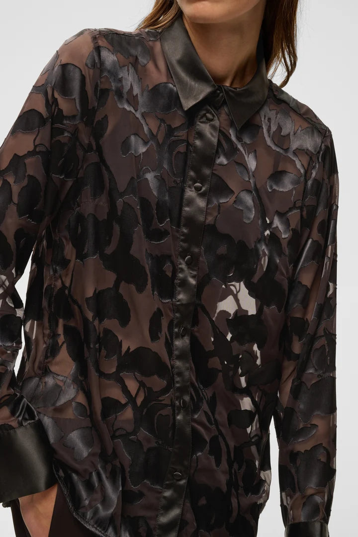 InWear Orioniw sheer black floral jacquard button-up shirt with satin cuffs and collar