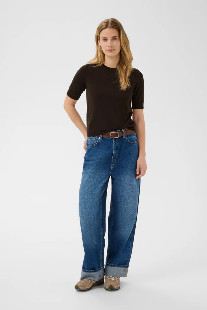 Women's dark brown short-sleeve knit pullover with crew neckline and ribbed cuffs