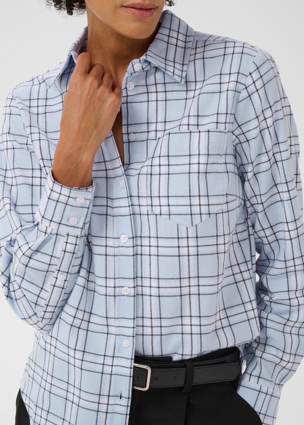 Model wearing Part Two Yana Shirt in heather check light blue windowpane plaid pattern