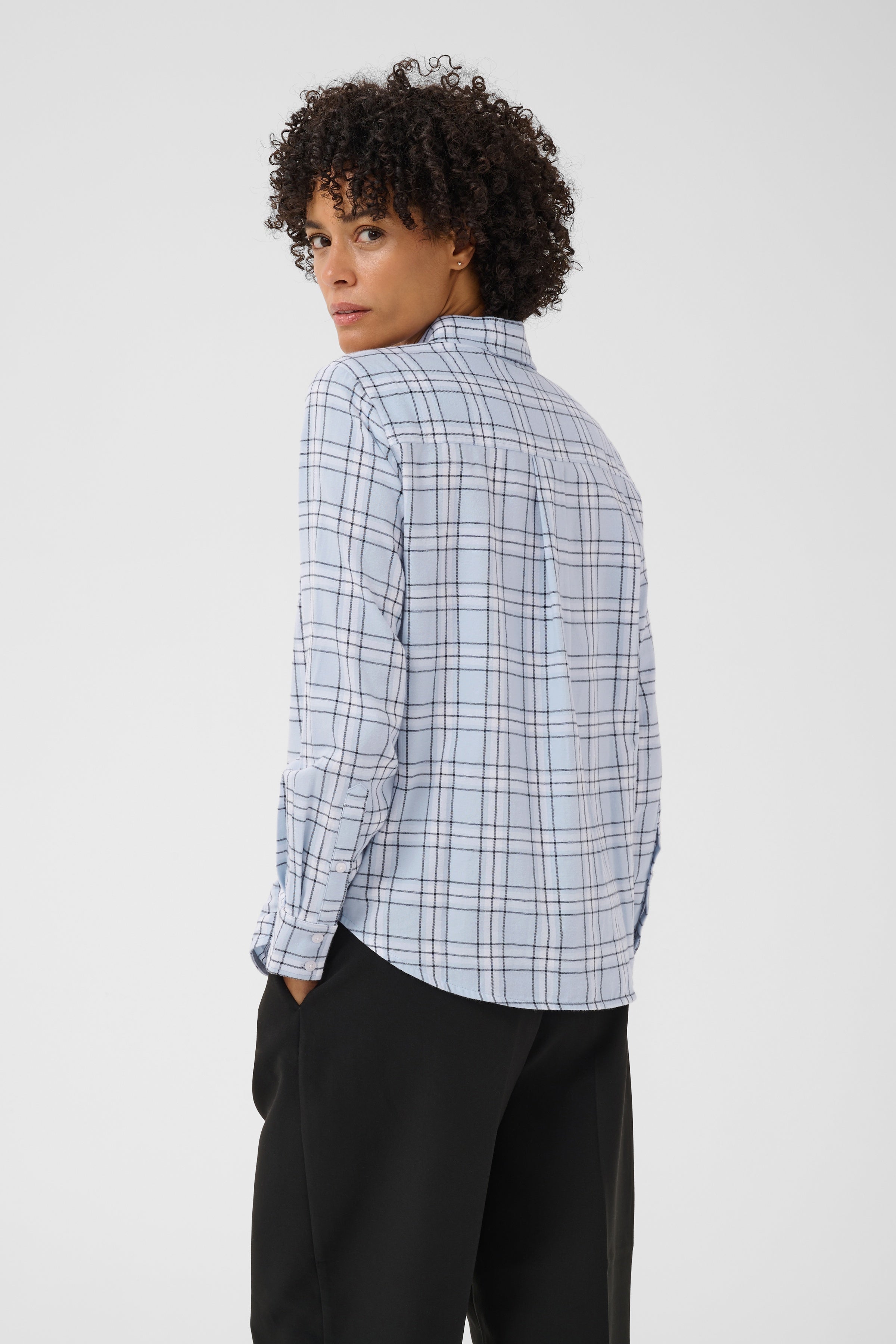 Back view of Part Two Yana Shirt in heather check light blue plaid pattern on model