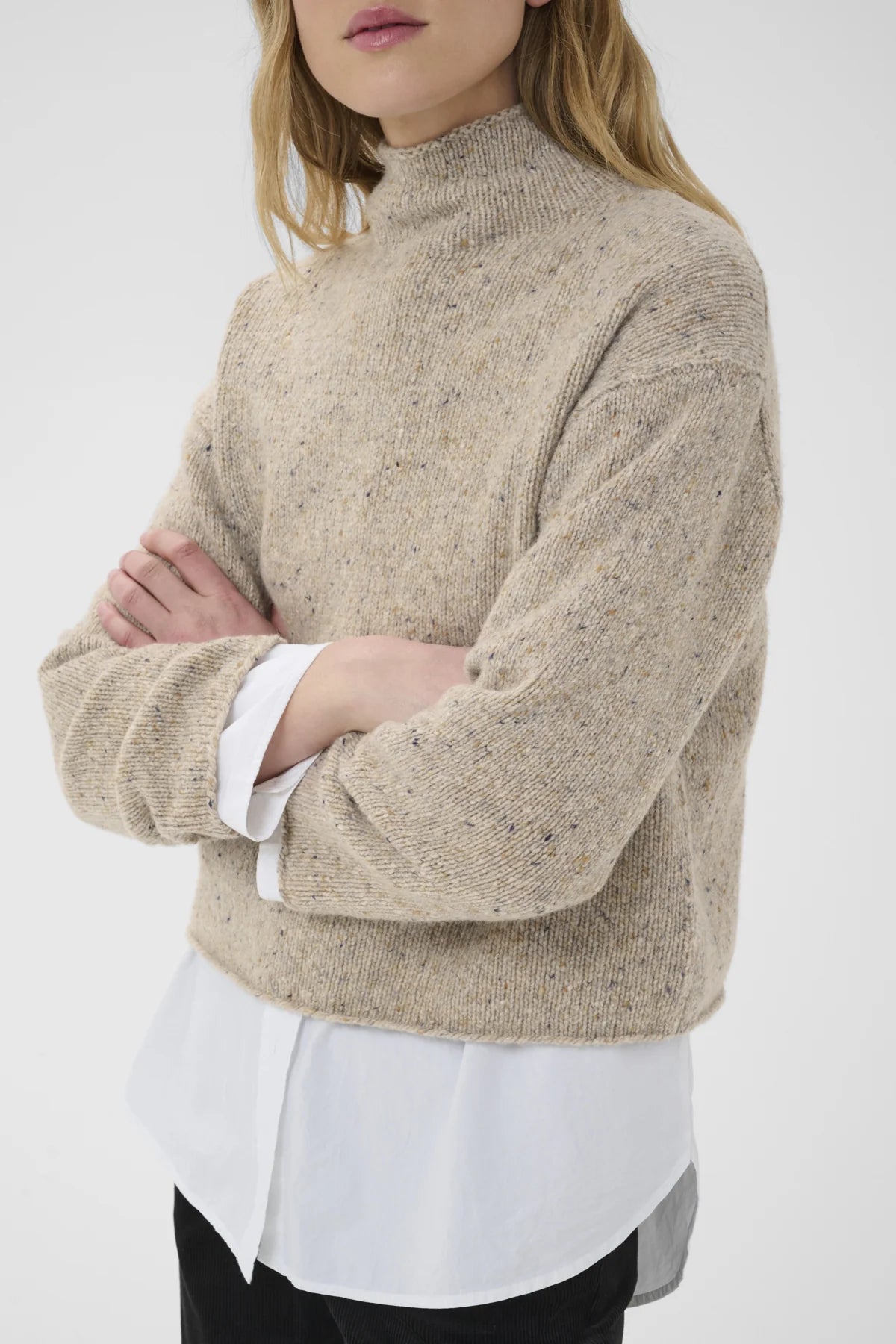 Part Two Chanelly beige speckled mock neck knit pullover layered over white shirt