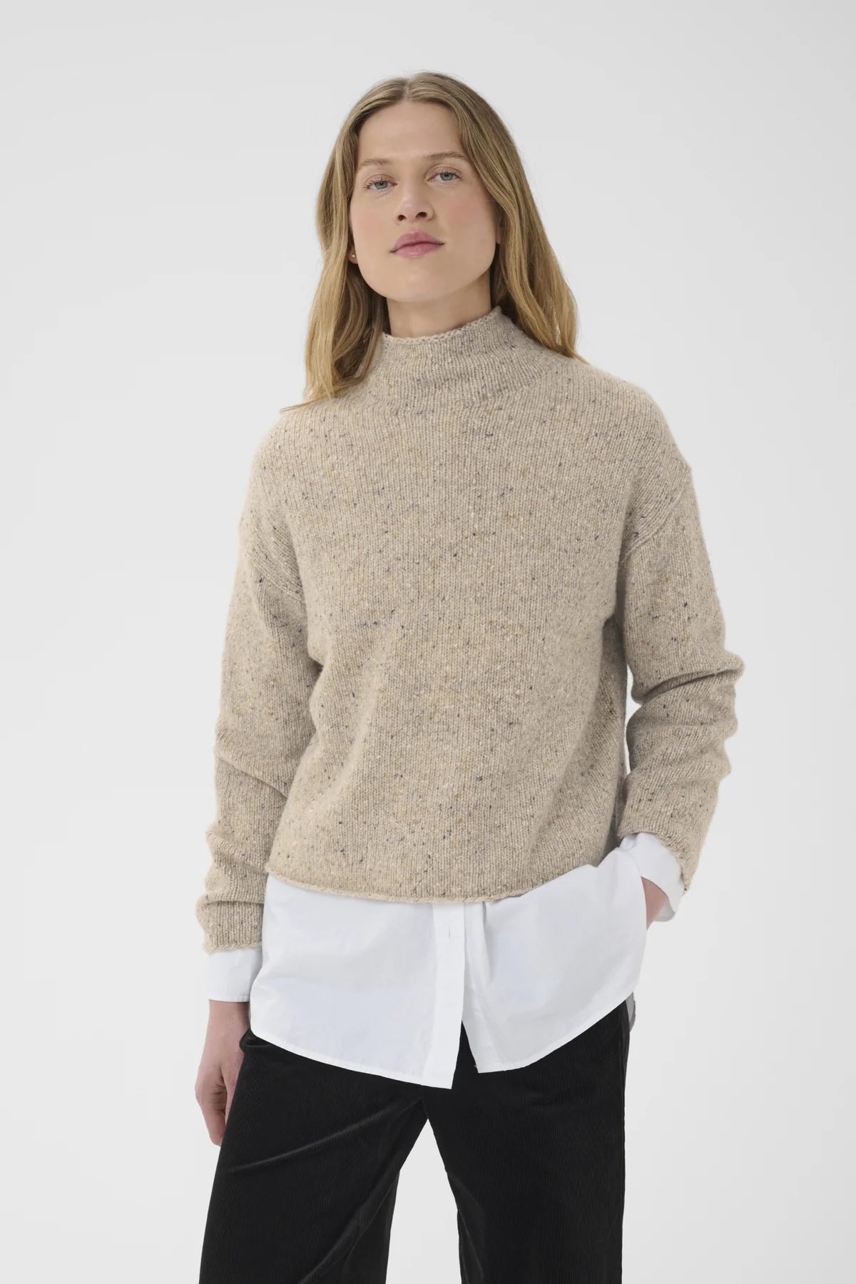 Part Two Chanelly oat flecked wool mock-neck pullover sweater layered over white shirt