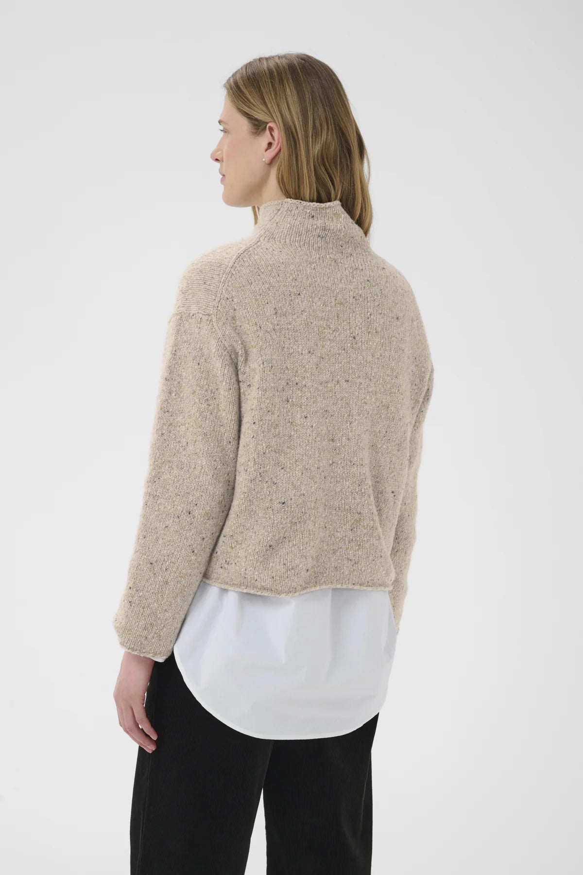 Part Two Chanelly oatmeal speckled knit pullover with mock neck, back view