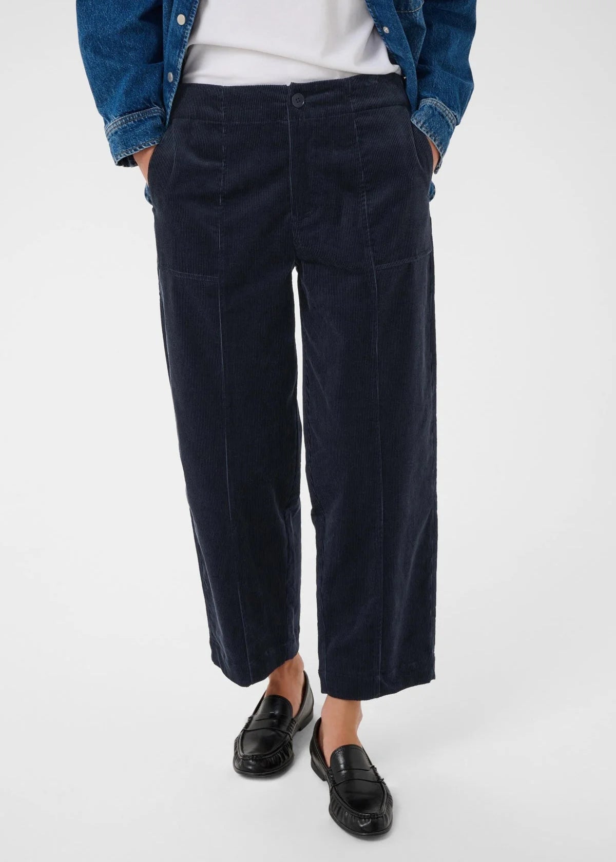 Navy blue wide-leg corduroy trousers with patch pockets and button closure