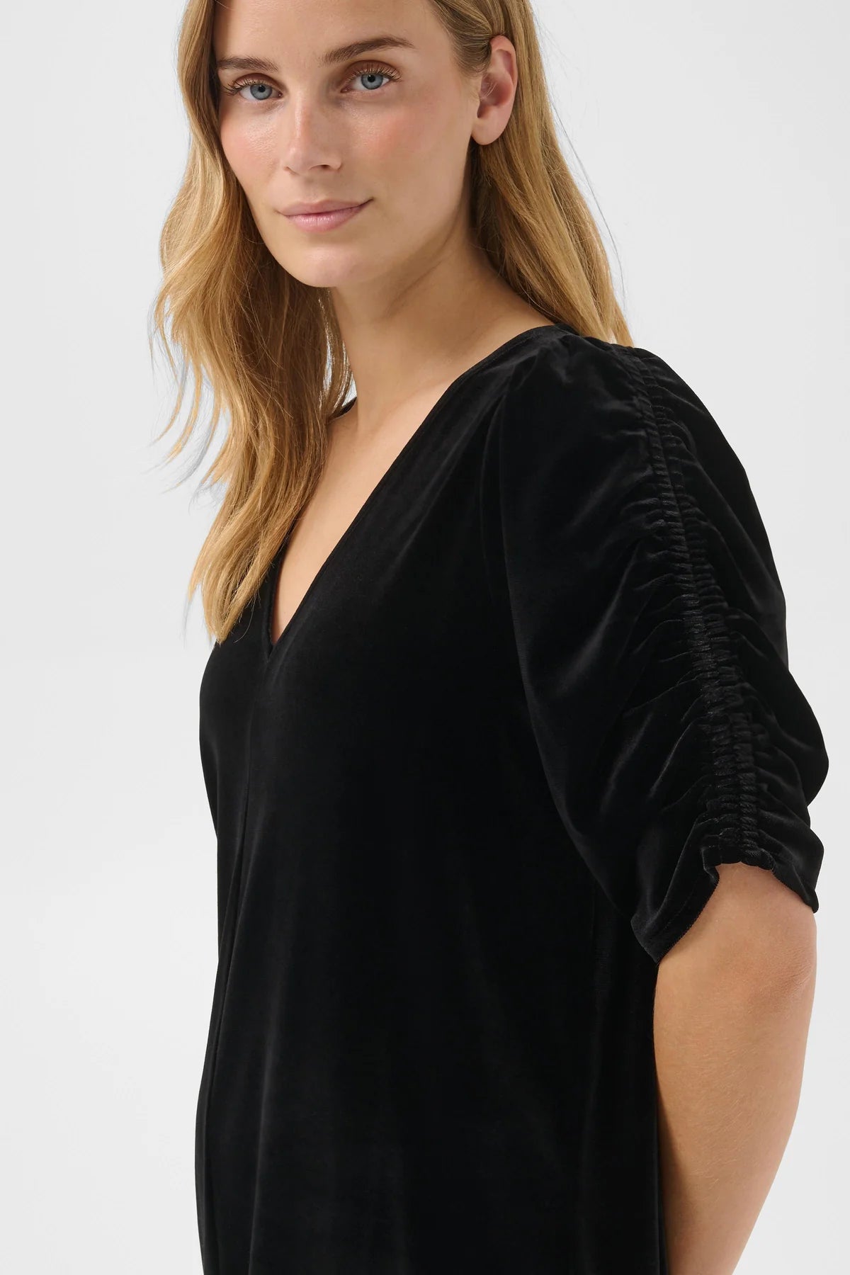 Part Two Didem black velvet dress with ruched three-quarter sleeves and V-neckline