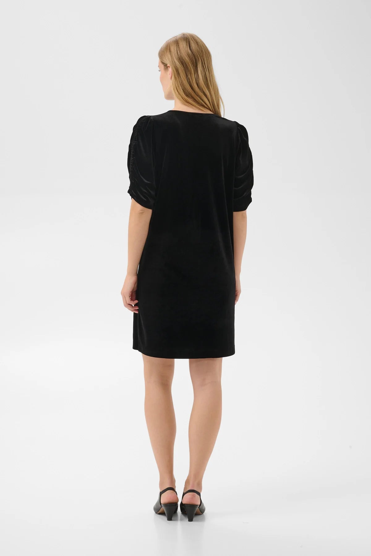 Part Two Didem black velvet mini dress with ruched puff sleeves, back view