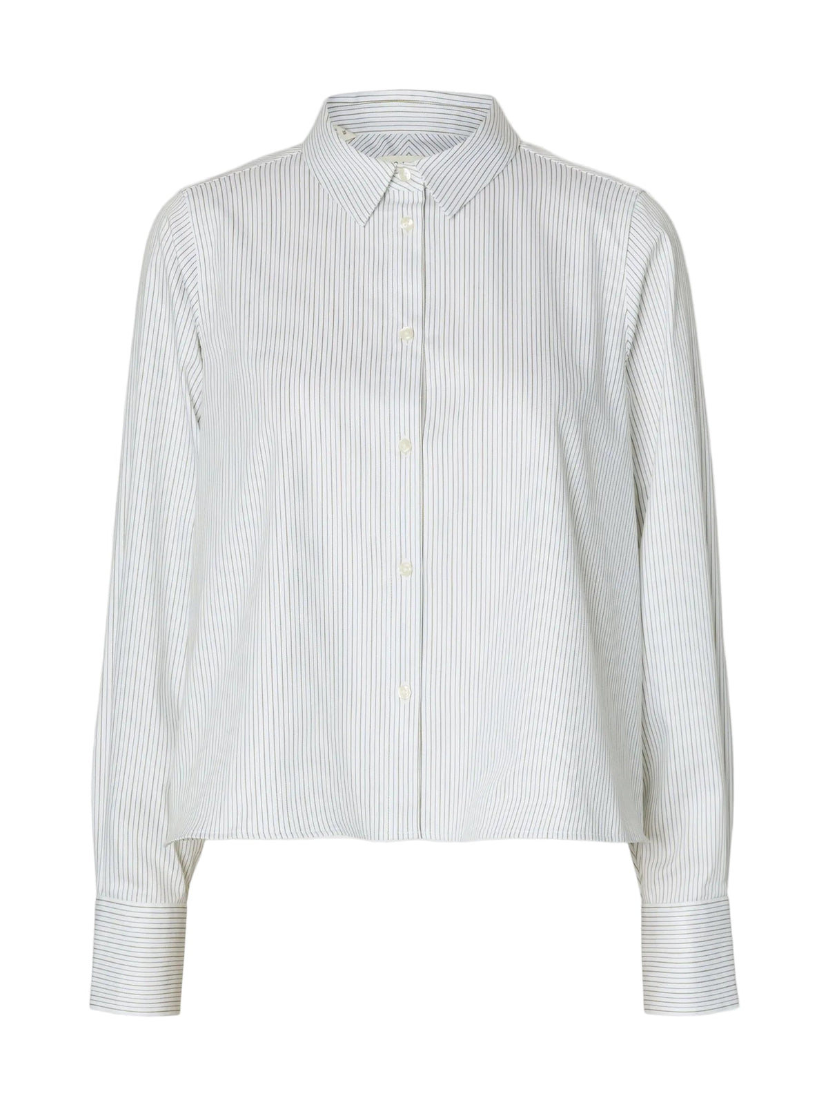 SELECTED SLWROMIE relaxed long-sleeve striped shirt in Avocado Oil Stripes on white background