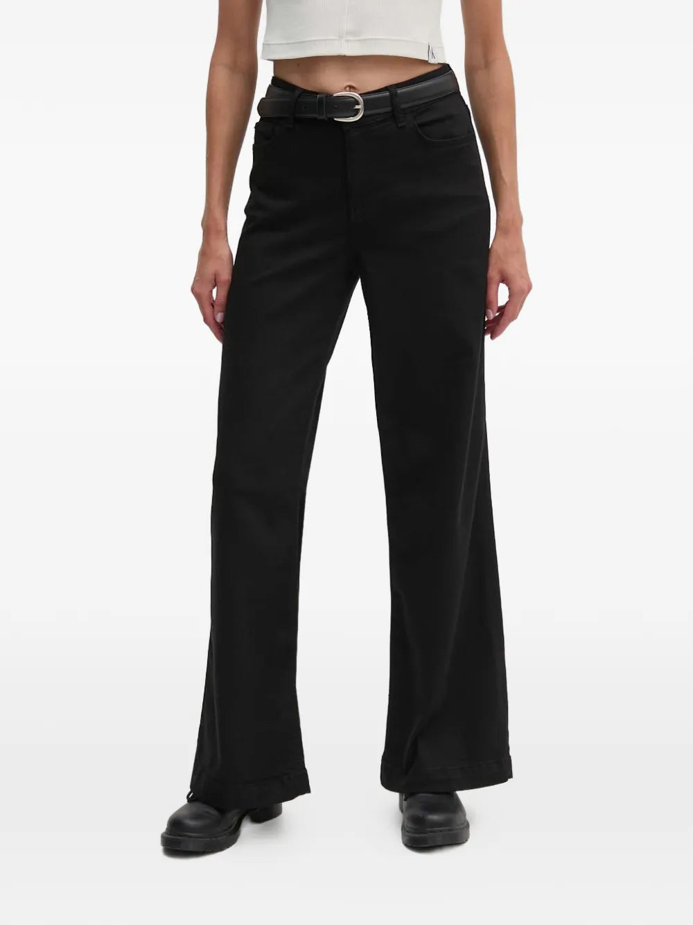 Mos Mosh Dara Deluxe black wide-leg trousers with leather belt, front view