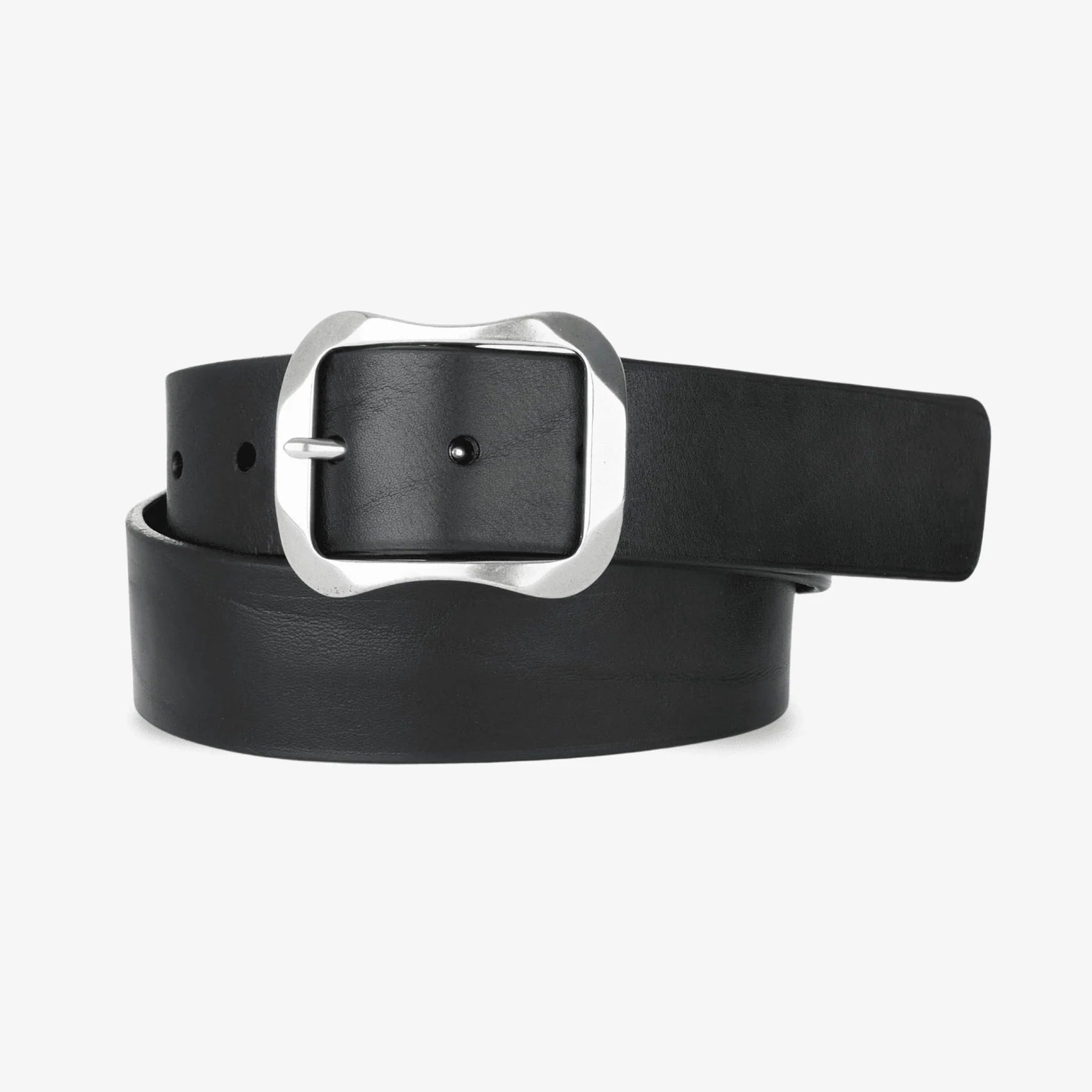 Black bridle leather belt coiled with silver wavy oblong buckle, 40mm wide