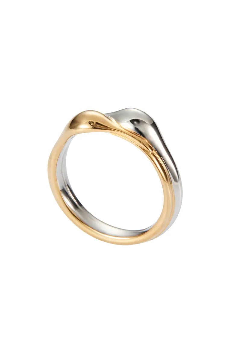 Two-tone gold and silver interlocking band ring with fluid sculptural knot detail