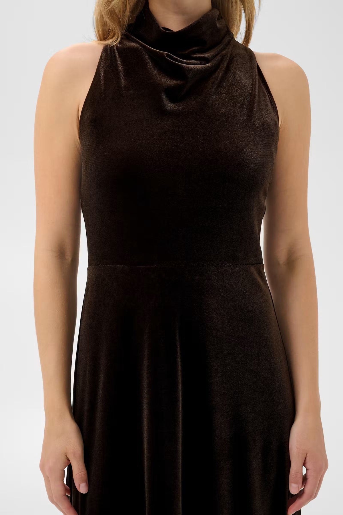 Part Two Dicle dress in mole brown velvet with cowl neck and sleeveless halter design