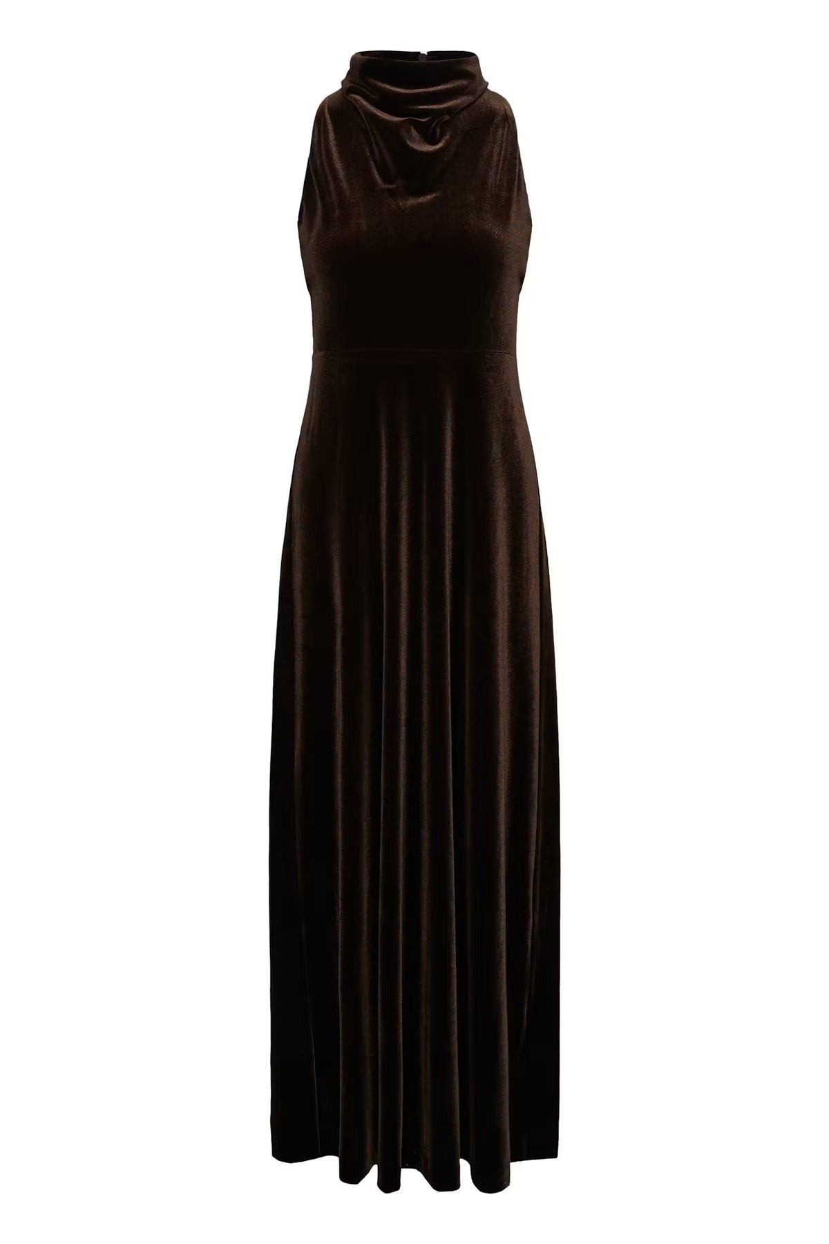 Part Two Dicle maxi dress in mole brown velvet with cowl neck and sleeveless halter design