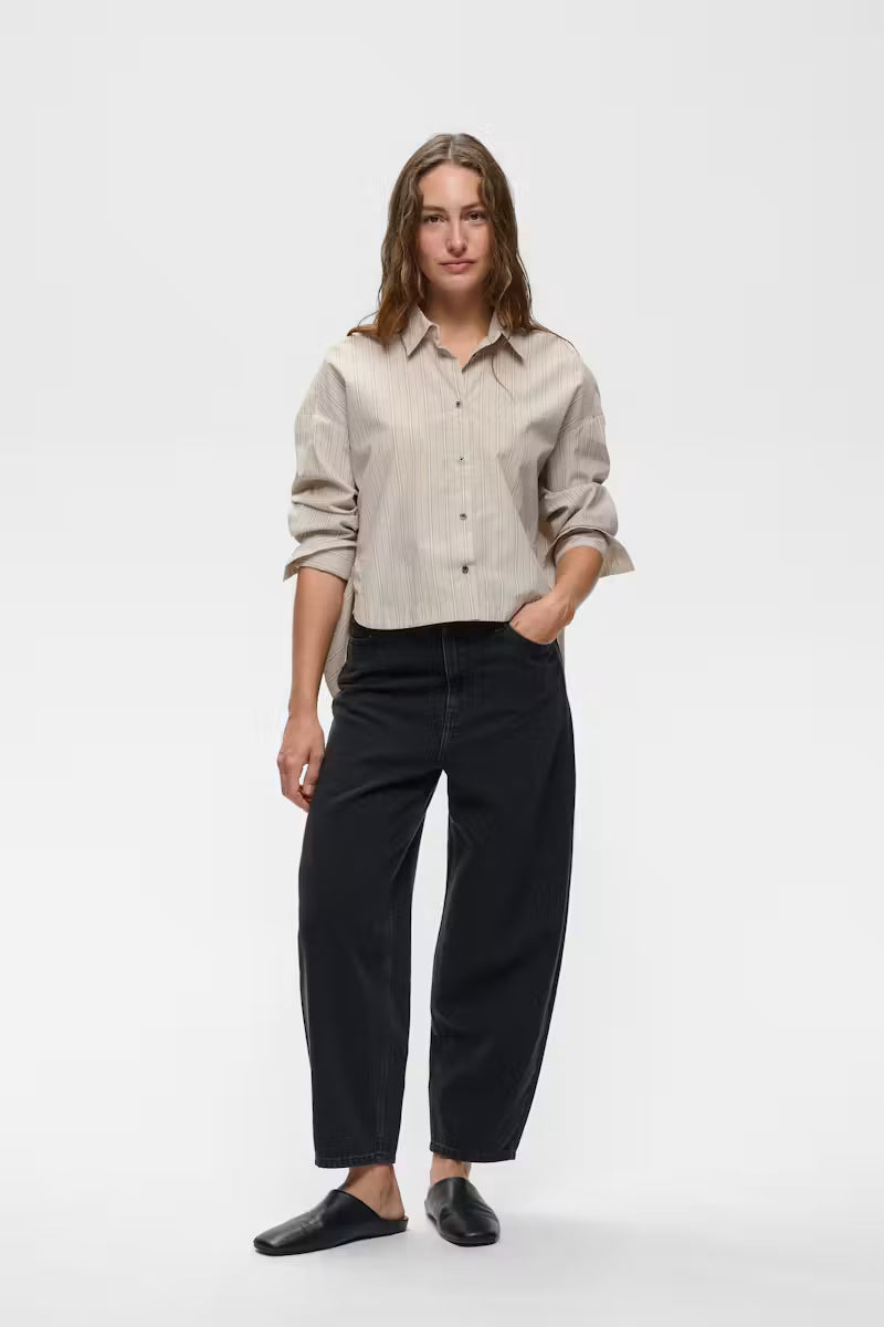 Beige striped short button-up shirt with long sleeves and classic collar