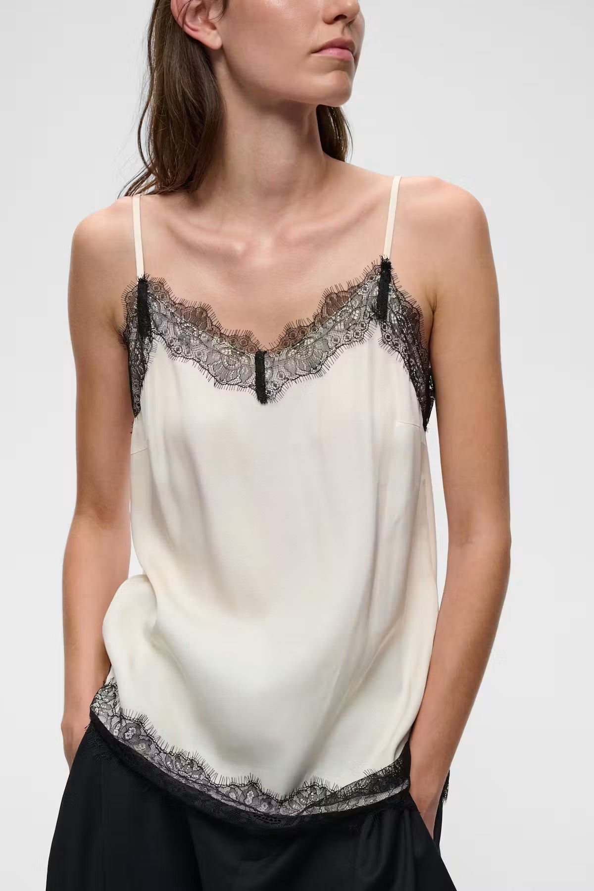 InWear Mapple ivory satin camisole with black scalloped lace trim neckline and hem