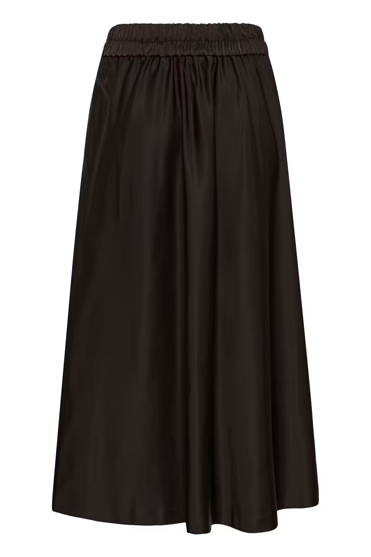 InWear Zilky chocolate brown satin midi skirt with elastic waist and A-line silhouette