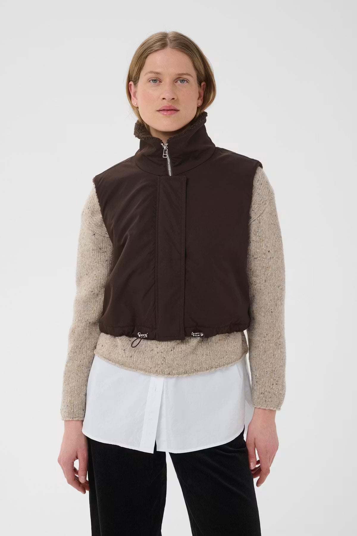 Part Two Cathlin dark brown cropped zip-up vest with high collar and toggle hem