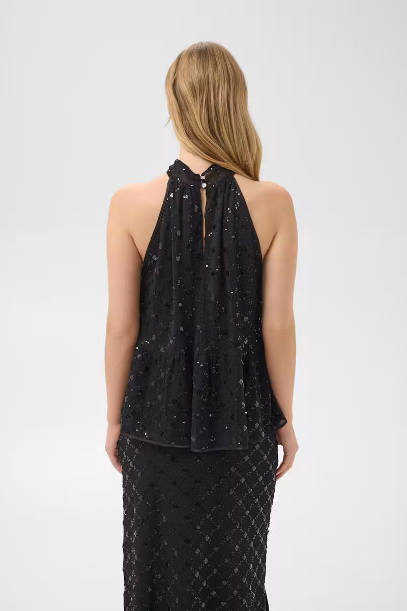 Black sequin halter neck top with open back, shown from behind