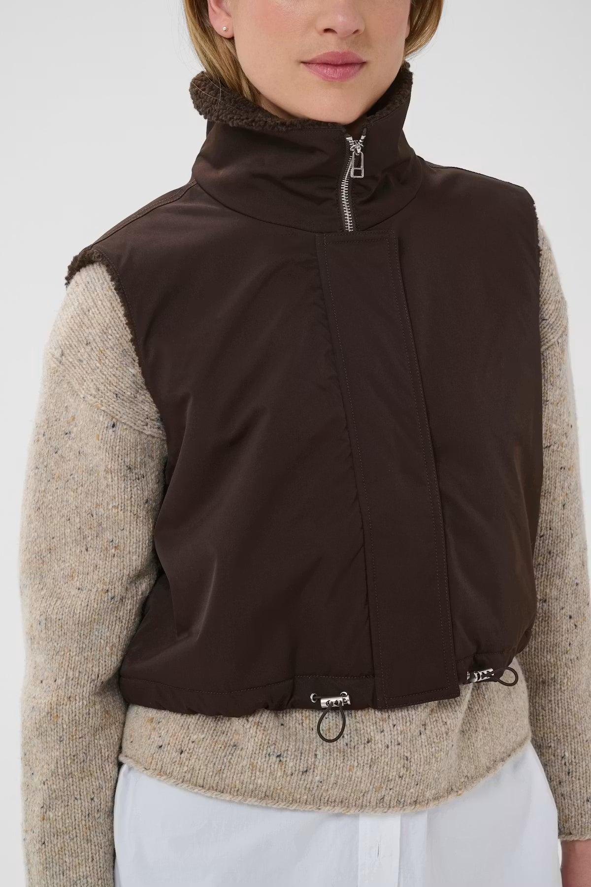 Part Two Cathlin dark brown zip-up vest with sherpa collar and drawstring hem