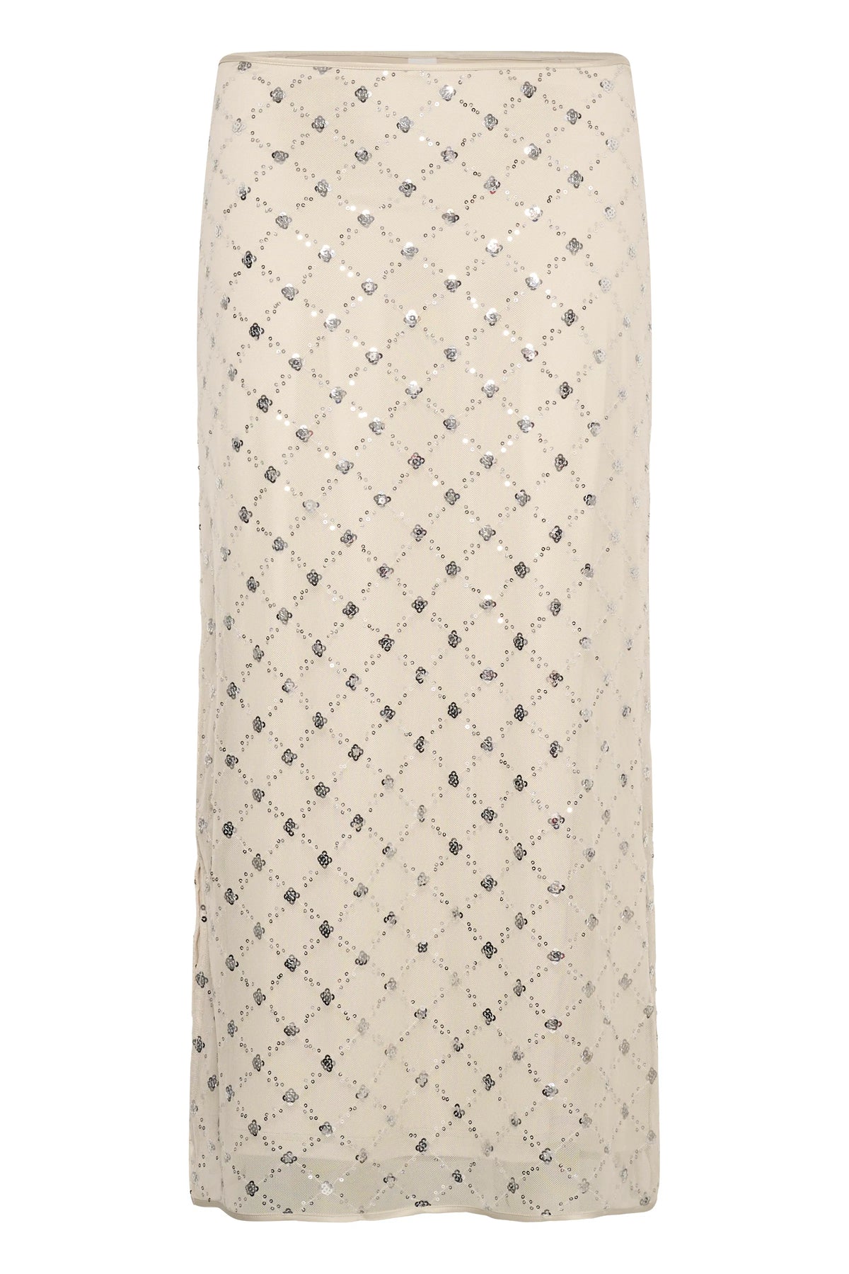 Part Two Vivika midi skirt in grey metallic placed sequin pattern on cream background, flat lay front view