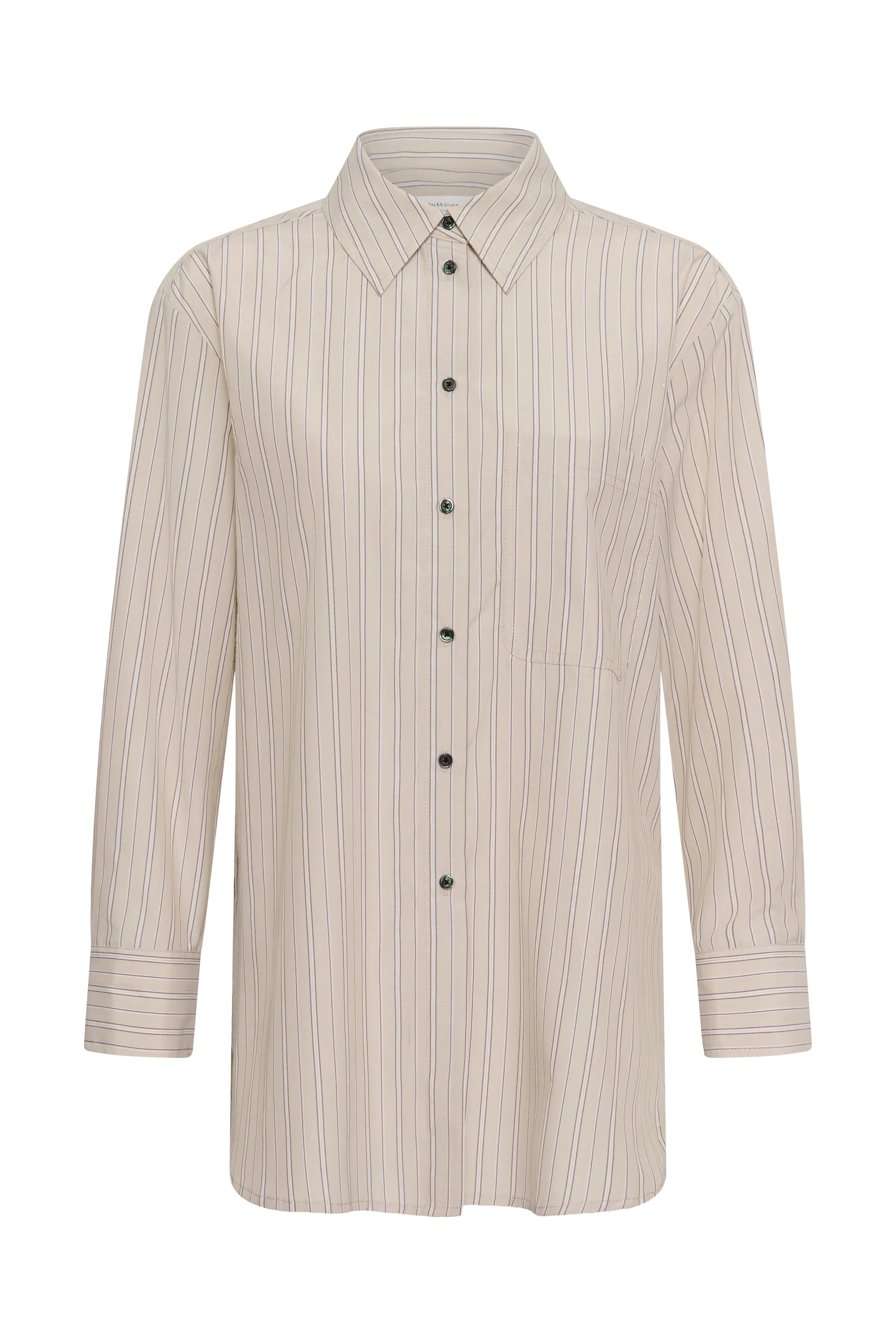 InWear Halen Short Shirt in Dobby Stripe, cream base with vertical stripes, long sleeves