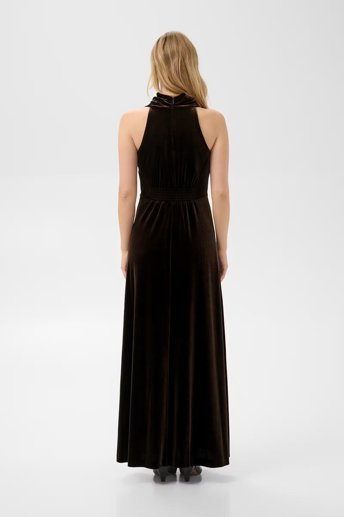 Back view of Part Two Dicle velvet halter maxi dress in dark mole brown color